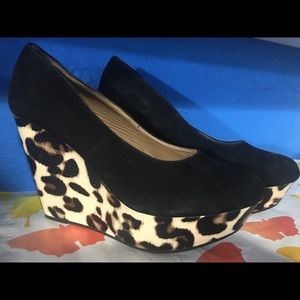 Black suede cheetah print wedges